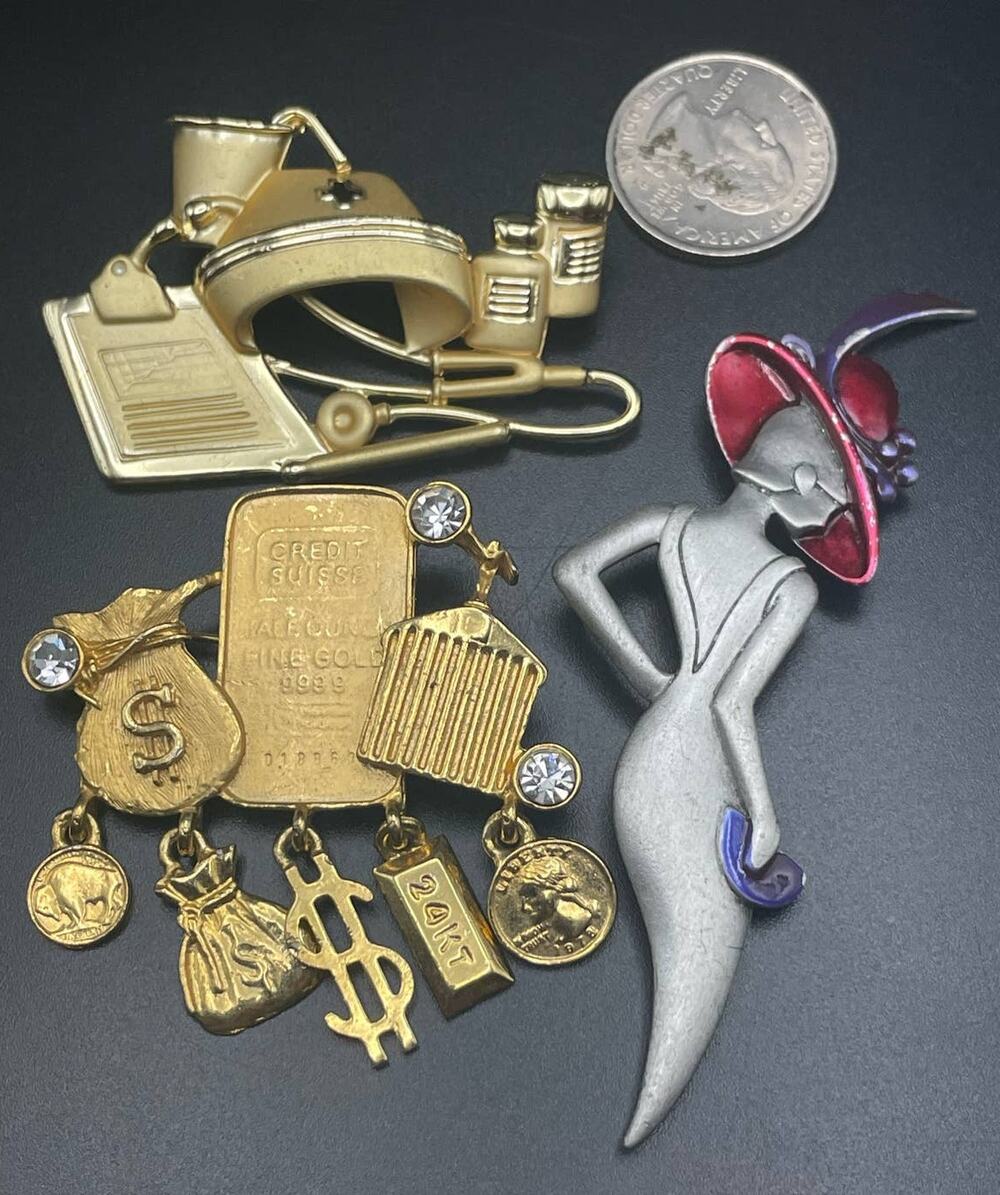 JJ Jonette AJC Three Pin Figural Lot Nurse Credit Suisse Red Hat Lady 1980s VTG